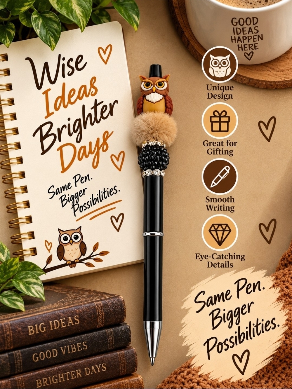 Owl Pom-Pom Decorative Black & Brown Pen!!